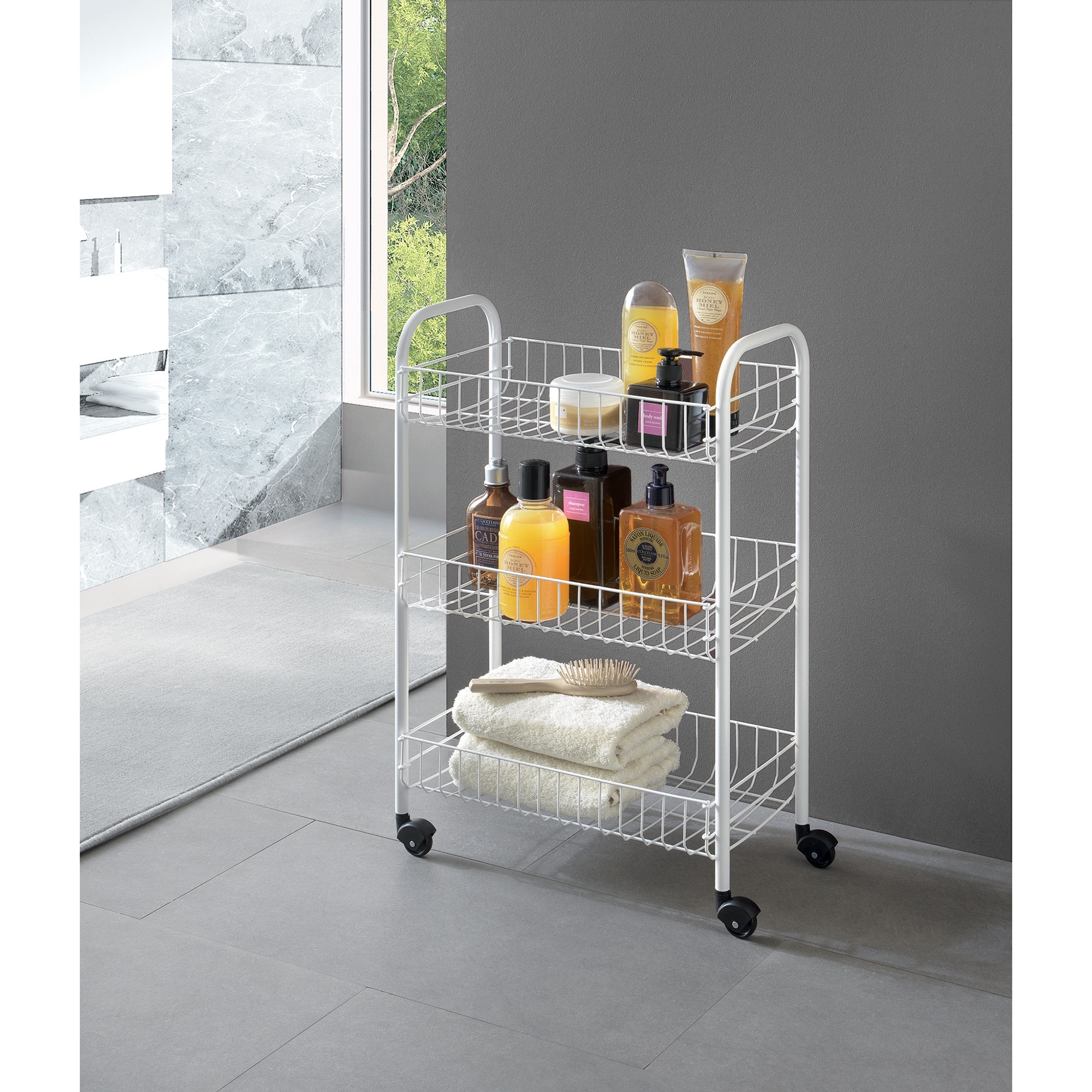 Raft metalic mobil cu roti Elastix, 3 etajere, alb, 68 cm - eMAG.ro