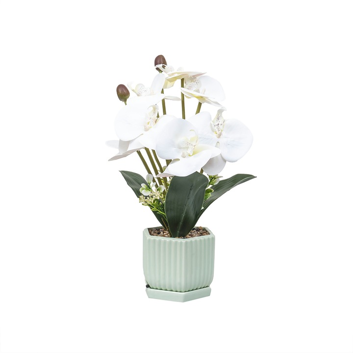 Aranjament floral in ghiveci din ceramica, model orhidee, H 37cm, culoare alb / ZTS 8055_3