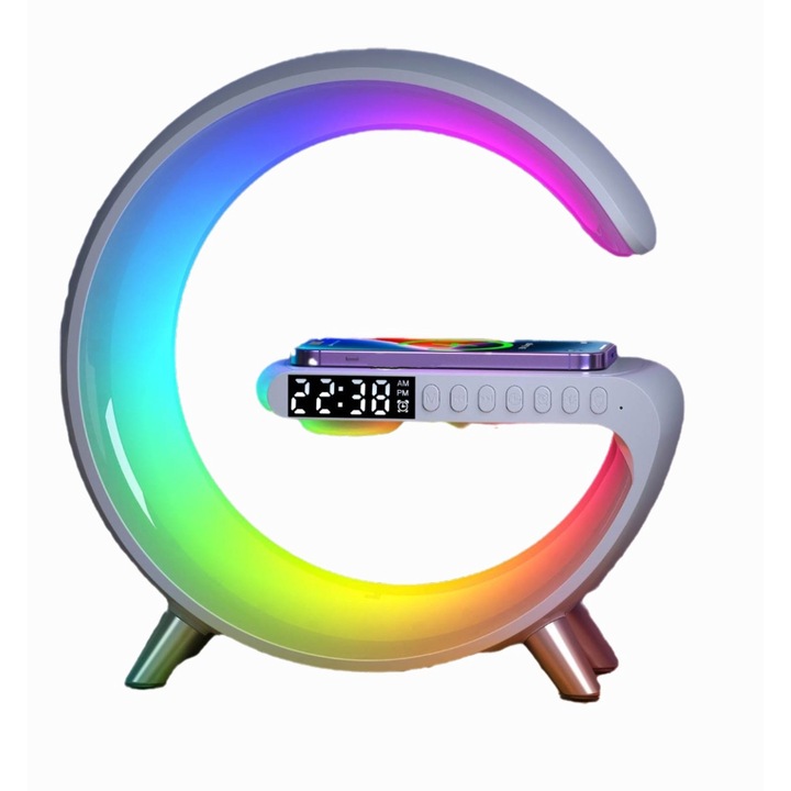 Lampa de noapte cu alarma si ceas digital, Incarcare wireless, Bluetooth, Forma G, Audio, Luminozitate reglabila, 23X22.5 cm