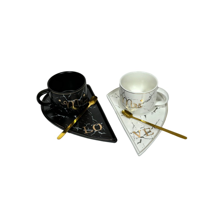 Set cadou de 2 cesti de cafea cu 2 farfurioare si 2 lingurite Mr. & Mrs., Malooki Luxury Collection, design marmura alba si neagra, Ceramica, White & Black