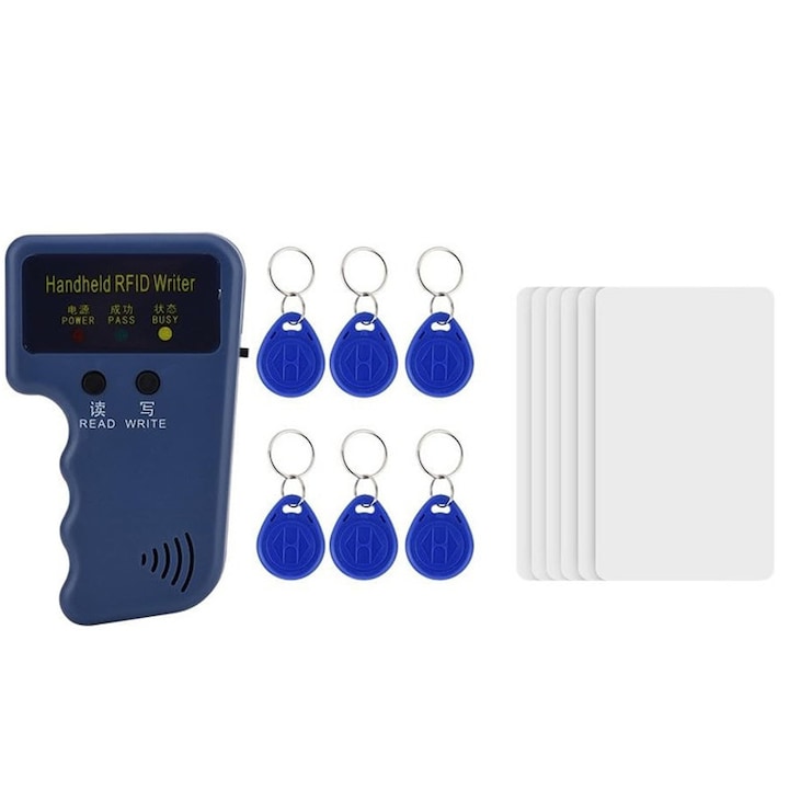 Set copiator carduri RFID, JENOUS®, cu 6 x carduri, 6 brelocuri programabile, 125kHz, Albastru