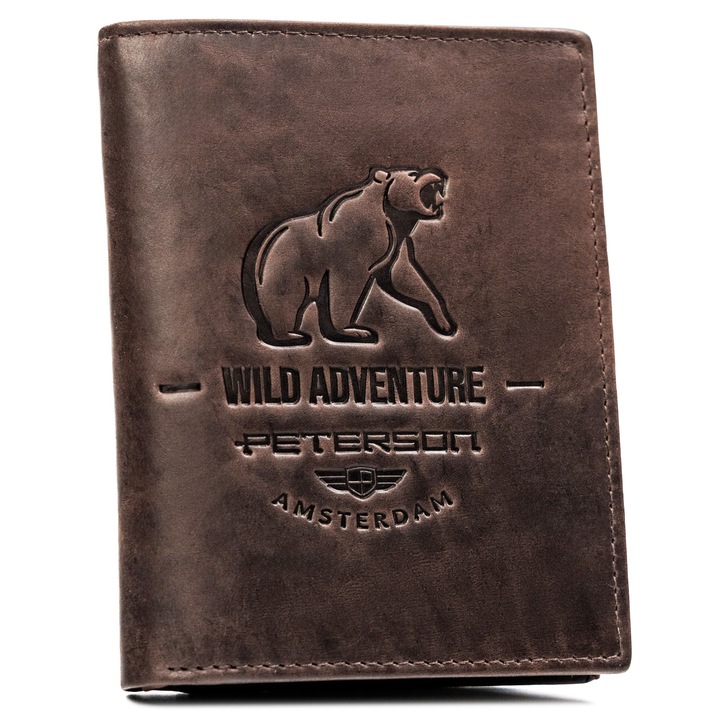 Portofel barbatesc din piele naturala, maro inchis, Peterson n4-be-bear, 12, 5 x 9, 5 x 2 cm