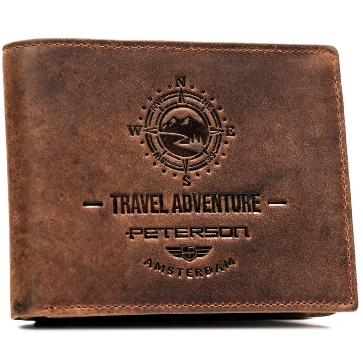 Portofel barbatesc din piele naturala, maro, Peterson ptn n992-be-trav, 9, 5 x 12, 5 x 2 cm