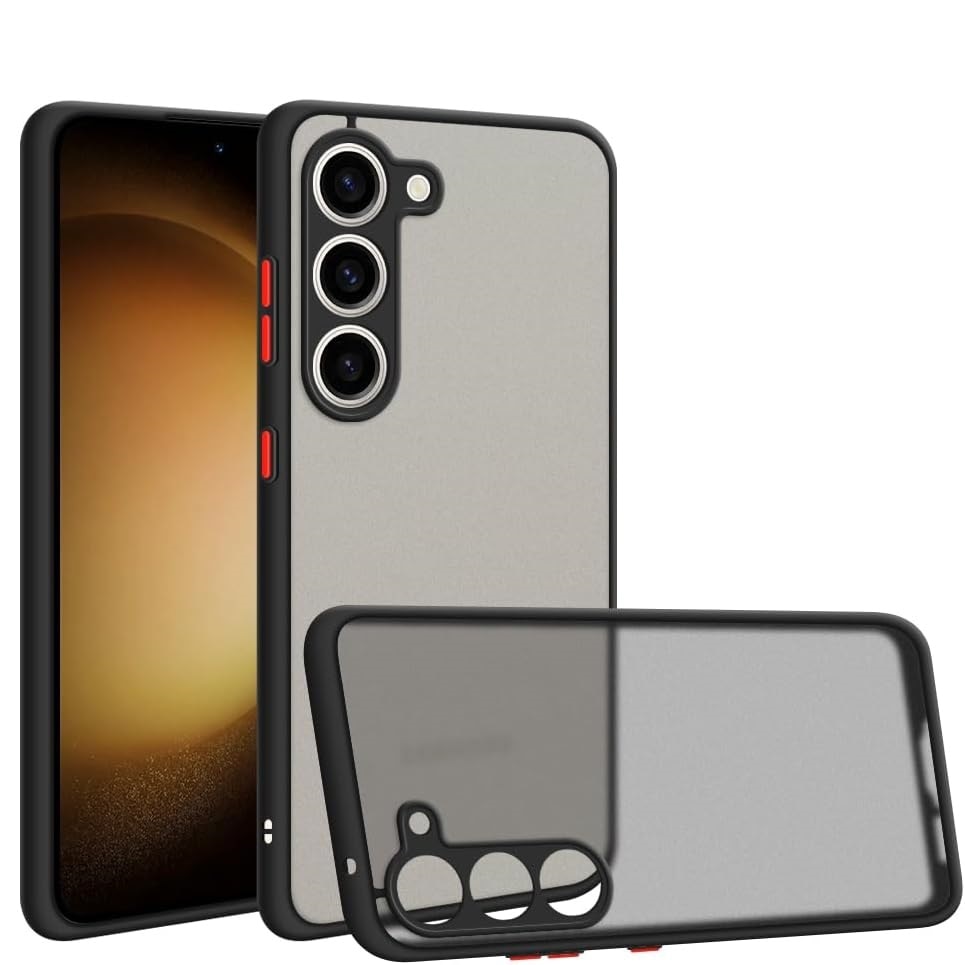 Husa hibrid ALC compatibila cu Samsung Galaxy S23 5G, husa de protectie rezistenta la zgarieturi, rezistenta la socuri, cadru TPU negru cu capac dur usor transparent pe spate