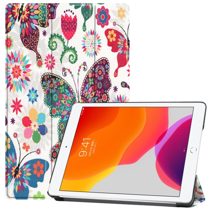 Flip védőborító táblagéphez kompatibilis Apple iPad 10 2019/2020/2021 kompatibilis, 10.2", FoldPro, ökológiai bőr, Butterfly modell, Multicolor