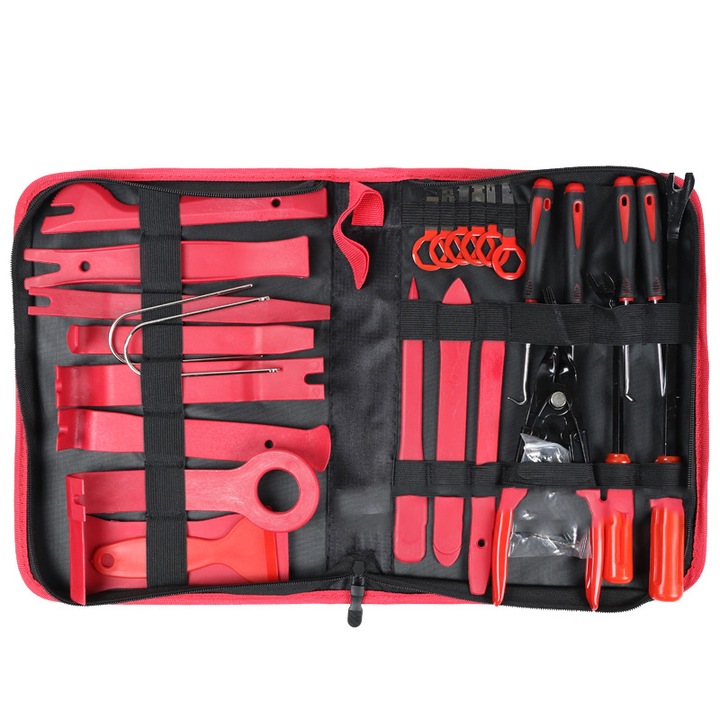 Set de instrumente audio auto din 38 de piese, Nylon, Negru/Rosu