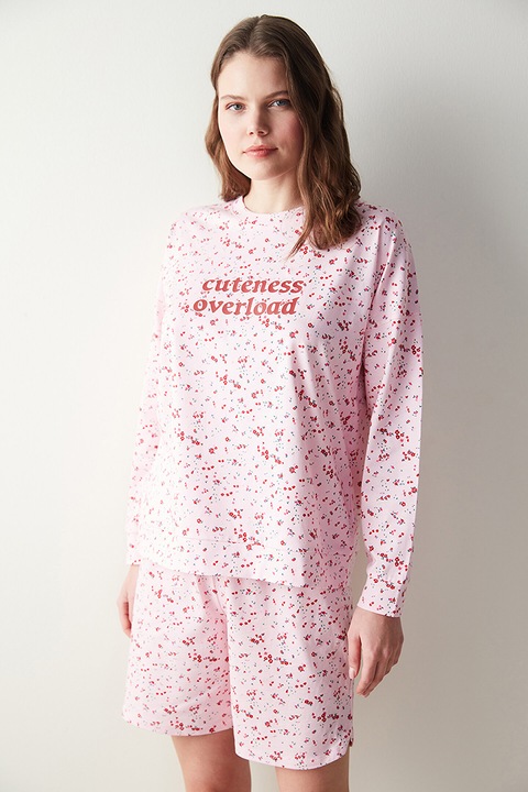 Penti, Bluza de pijama de bumbac cu imprimeu, Rosu inchis/Roz pastel/Albastru petrol