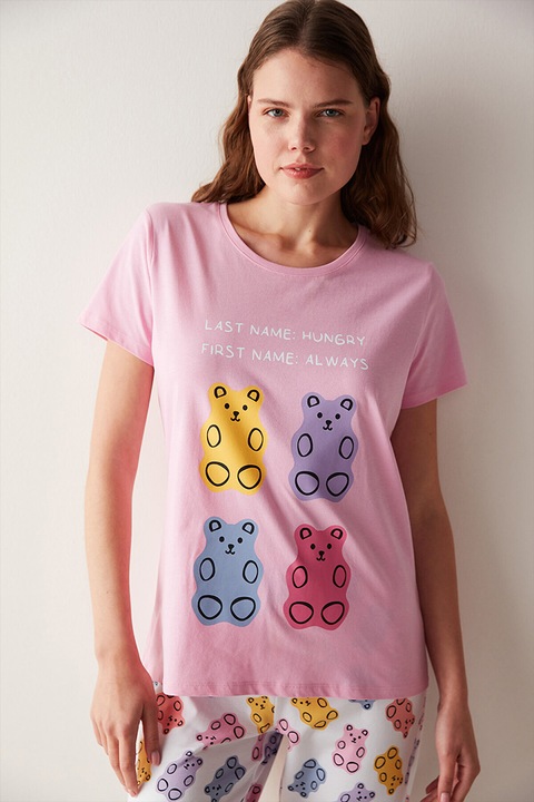 Penti, Pijama cu imprimeu grafic, Alb/Albastru prafuit/Roz pastel