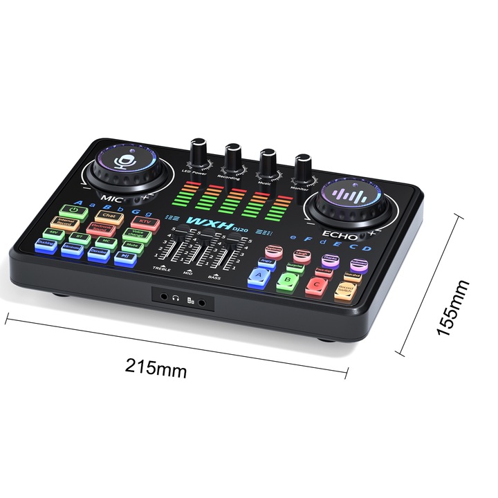 Set mixer audio, Axroad Mall, Conexiune bluetooth, 4 functie voice changer, Cu microfon, Chip anulare zgomot DSP, 8 efecte sonore, Compatibil cu laptop, smartphone, Pentru live streaming, podcast, gaming, Metal/Plastic, 215x155x40mm, Negru