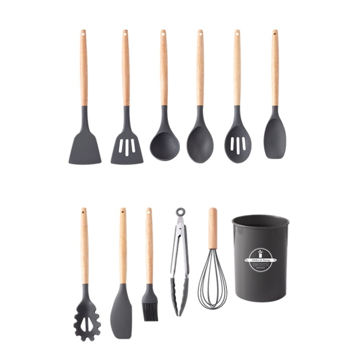 Set 12 ustensile de bucatarie, Lemn si Silicon alimentar, Termorezistente, Antiaderente, Suport Blat, Gri
