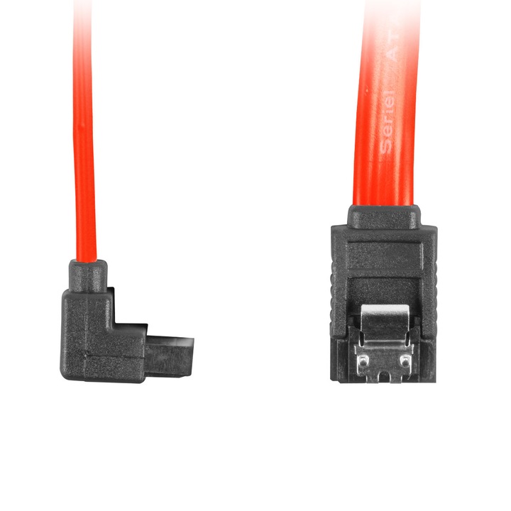 Cablu de date SATA II mama unghi 90 grade la SATA II mama unghi drept, 6Gbps/s viteza transfer, cleme metalice de blocare, 7 pini, 30cm lungime cablu, Rosu