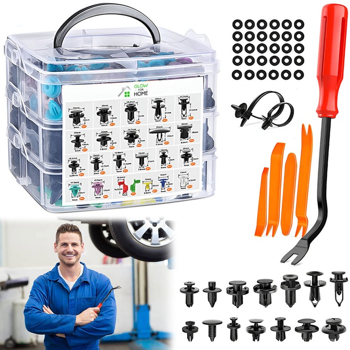 Set 725 piese cu 635 de clipsuri universale si 45 cleme fixare si scule de montat pentru interior auto, radio, fete de usa, panou de bord, GlowforHome, 5 leviere, 30 bureti, 10 bride plastic, cutie de depozitare si organizare, 18 dimensiuni comune