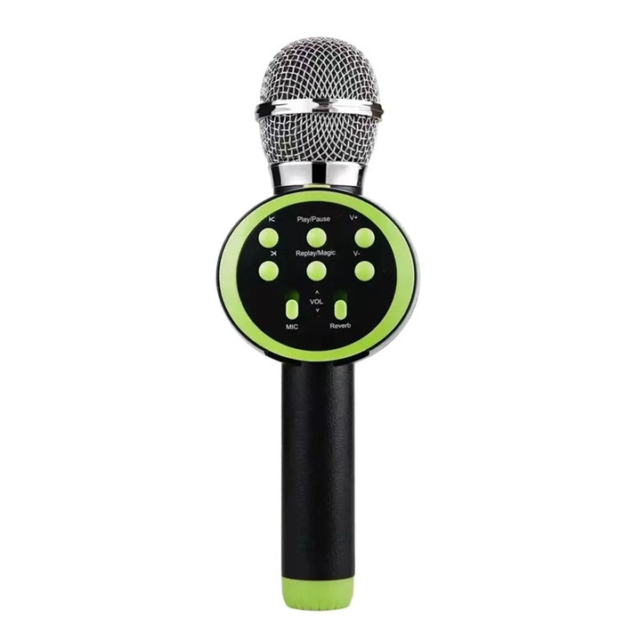 Microfon wireless pentru karaoke, NEXTLY, boxa bluetooth incorporata, efecte de schimbare a vocii, redare muzica, usb, card sd, mufa jack 3.5mm, incarcare micro-usb, negru-verde, v11