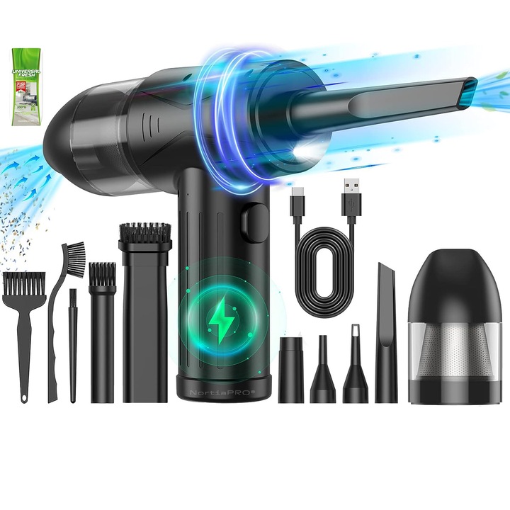Suflanta Aer Si Aspirator Portabil 2 IN 1 NortiaPRO®, 3 Trepte de Viteza, Indepartare Praf PC, Par Animale, Aer Conditionat, Tastatura, Jaluzele, Canapea, Telefon, Gratar, Masina, LED, 5 Duze, 4 Perii, 51000RPM, Servetele Multisuprafete Incluse, Negru