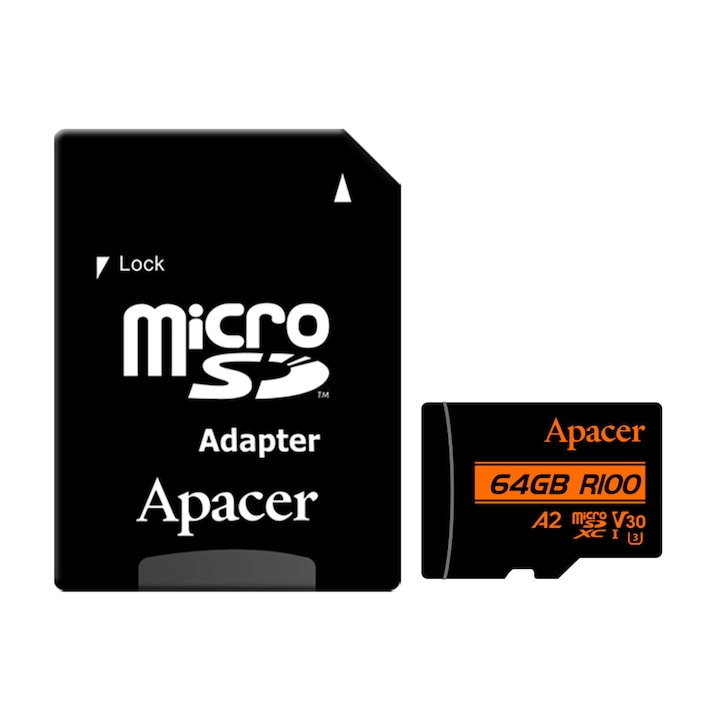 МicroSDXC карта 64 GB, UHS-I U3, V30, A2, Apacer R100, с SD адаптер