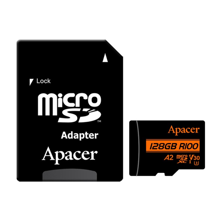 microSDXC карта 128 GB, UHS-I U3, V30, A2, Apacer R100, с SD адаптер