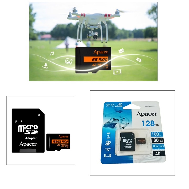 Карта с памет, Apacer microSDXC 128GB, UHS-I, U3, V30, A2, Adapter, AP128GMCSX10U8-R