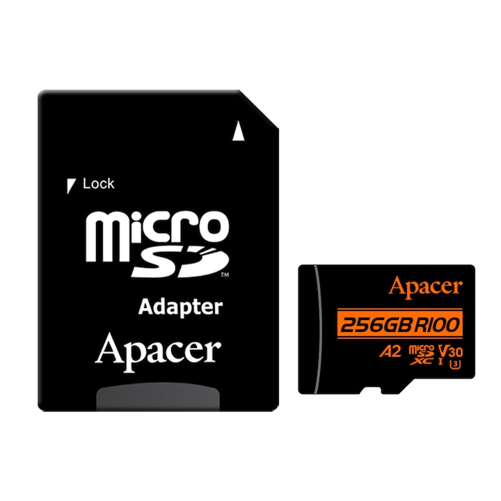 microSDXC карта 256 GB, UHS-I U3, V30, A2, Apacer R100, с SD адаптер