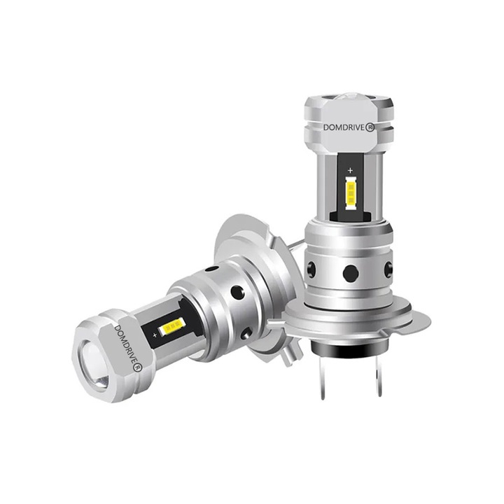 Set 2 becuri auto H7 cu lupa frontala, 15 LED/BEC, 80W set, Lumina alba 6000k, super slim fara ventilator sau cablu DOMDRIVE®