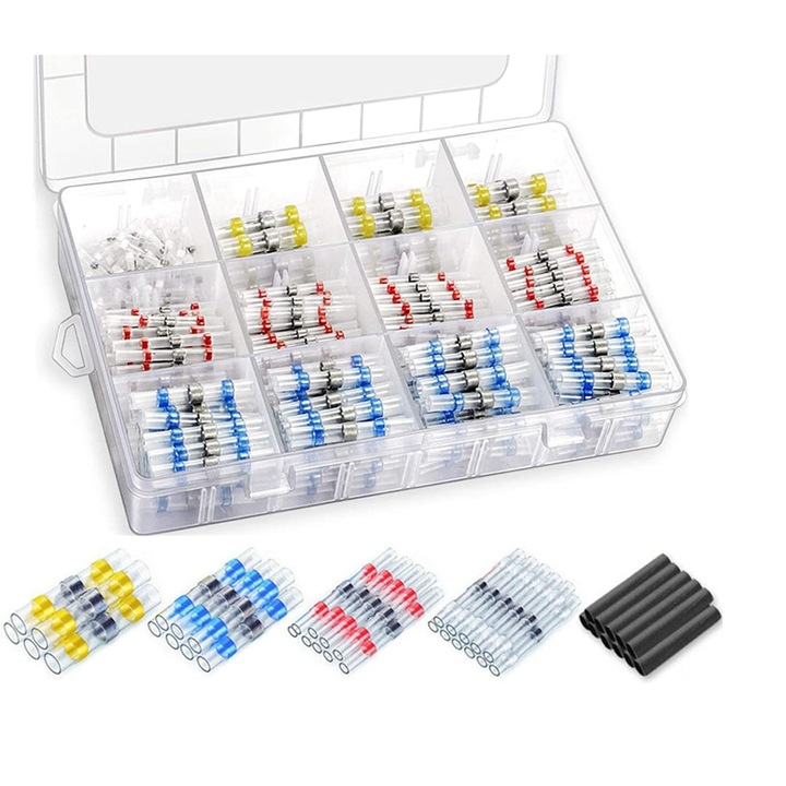 Set 500 conectori termocontractabili cu lipire si etansare cu fludor, pentru conductori electrici, rezistenti la socuri, impermeabili, cu cutie depozitare si transport
