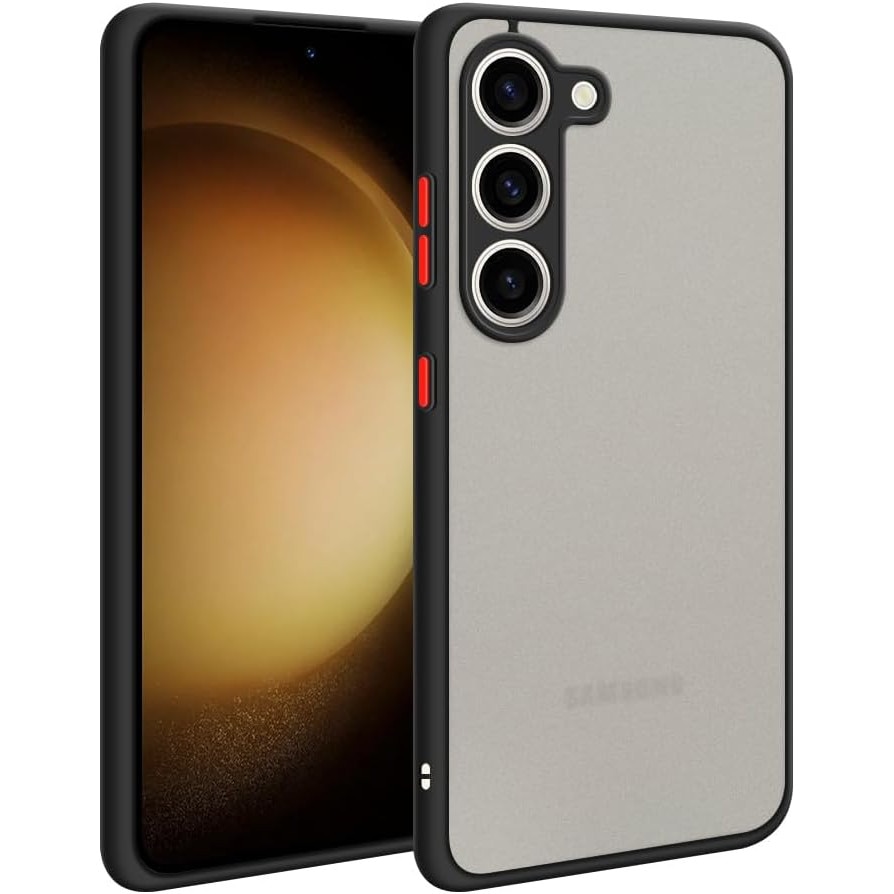 Husa hibrid ALC compatibila cu Samsung Galaxy S23 5G, husa de protectie rezistenta la zgarieturi, rezistenta la socuri, cadru TPU negru cu capac dur usor transparent pe spate