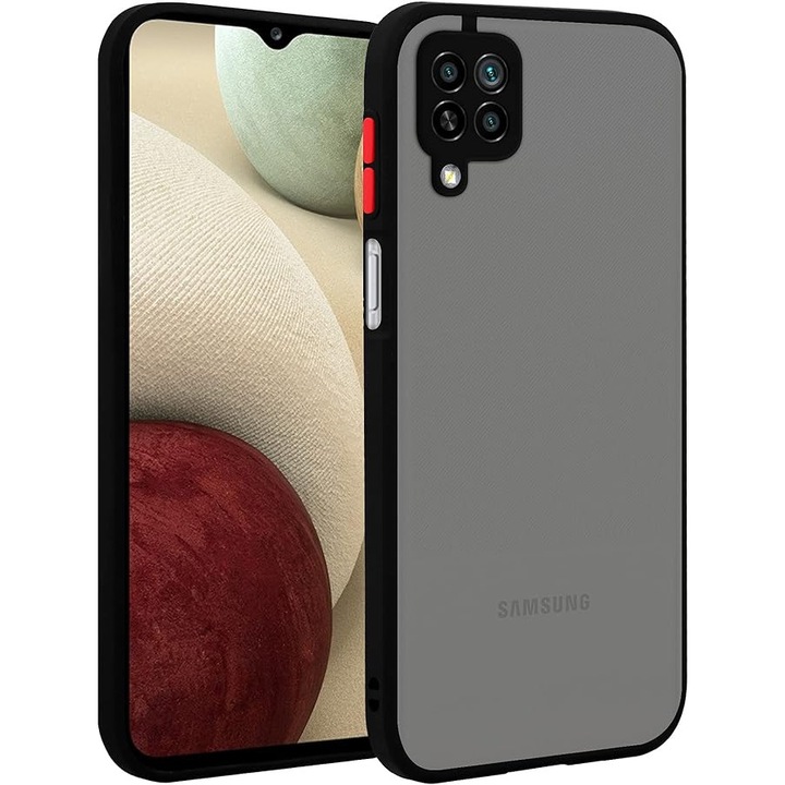 Husa hibrid ALC compatibila cu Samsung Galaxy A12 / M12, husa de protectie rezistenta la zgarieturi, rezistenta la socuri, cadru TPU negru cu capac dur usor transparent pe spate