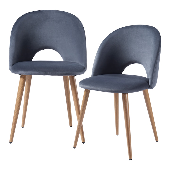Set 2 scaune bucatarie, en.casa, PXRQ-0101 Karijoki, 77 x 50 x 55 cm, metal, poliester, 130 kg, gri deschis, efect lemn