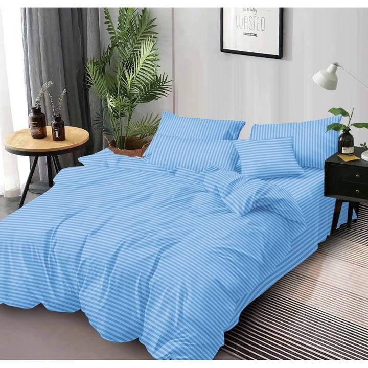 Lenjerie de pat dublu din bumbac gros finet 2 persoane, 6 piese, cearceaf de pat cu elastic, bleu deschis