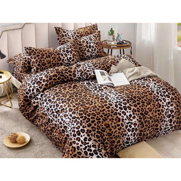 Lenjerie de pat dublu din bumbac gros finet 2 persoane, 6 piese, cearceaf de pat cu elastic, model leopard