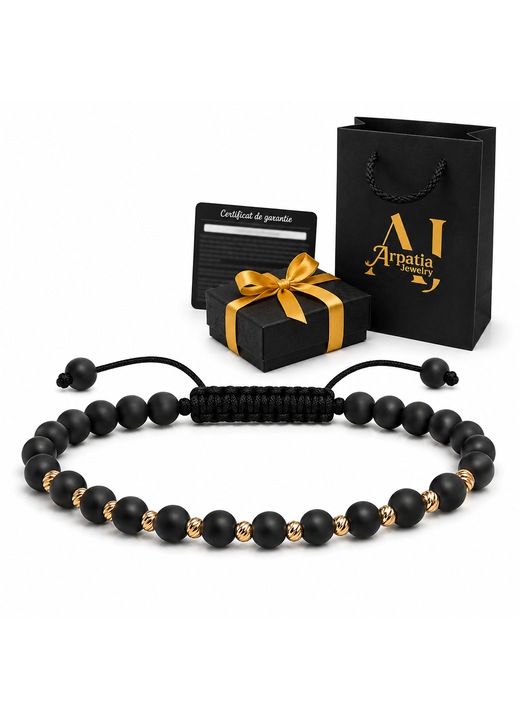 Bratara cu 11 bile de aur 14k si bile Onix mat negru Arpatia + Cutie de Bijuterie Cadou Perfect