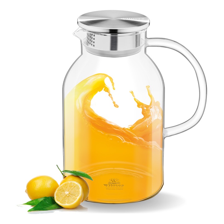 Carafa apa cu capac metalic, Sticla termorezistenta, maner ergonomic, Wilmax England, 2100 ml, Transparent