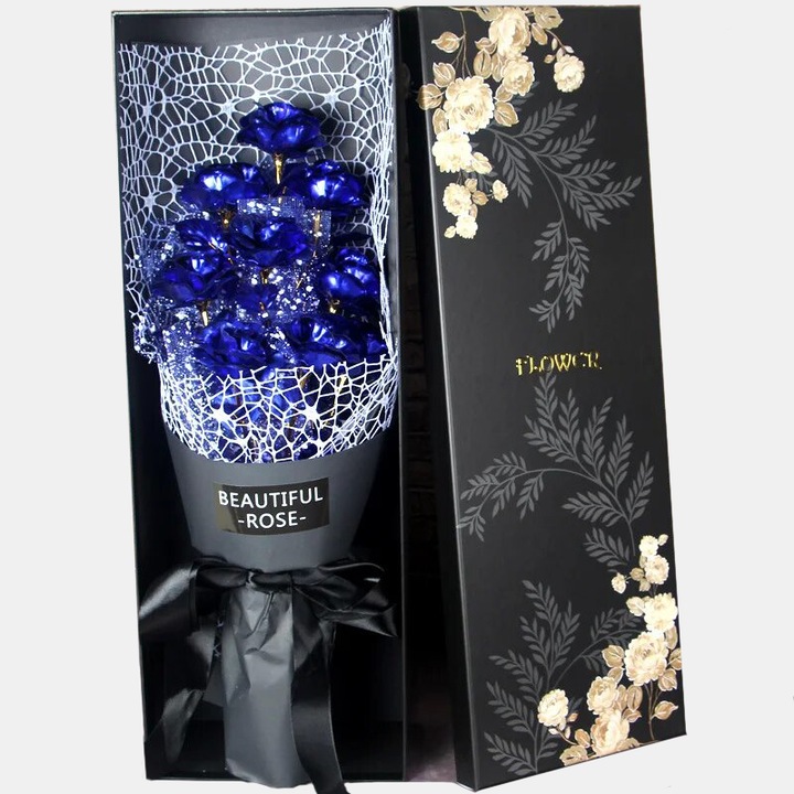 Trandafir suflat cu aur 24K, S&Z, unsprezece trandafiri, cutie eleganta, cadou deosebit, Ziua Indragostitilor, Zi de nastere, aniversarea nuntii, Albastru