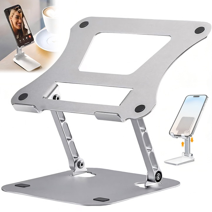 Suport laptop 10-17.3‘’, Pliabil, BYONDSELF®, Ergonomic, cu Suport de Telefon, Inaltime reglabila 3.5-27 cm, Sarcina statica 80 kg, Aluminiu, Silver