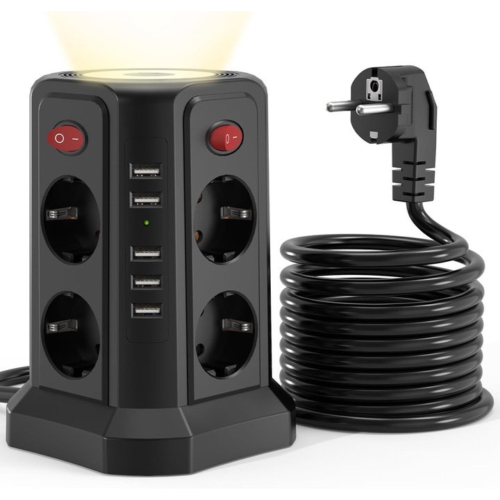 2500W удължител тип кула, BYONDSELF®, 5 USB/8 изхода/4 отделни превключвателя, с нощна светлина, черен