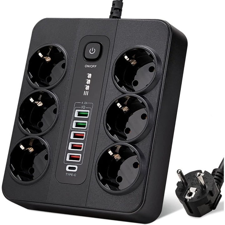 Удължител 3000W, BYONDSELF, 6 Socket, Защита от деца, 5 USB, 1 PD 20W Бързо зареждане, Кабел 2 м, Черен