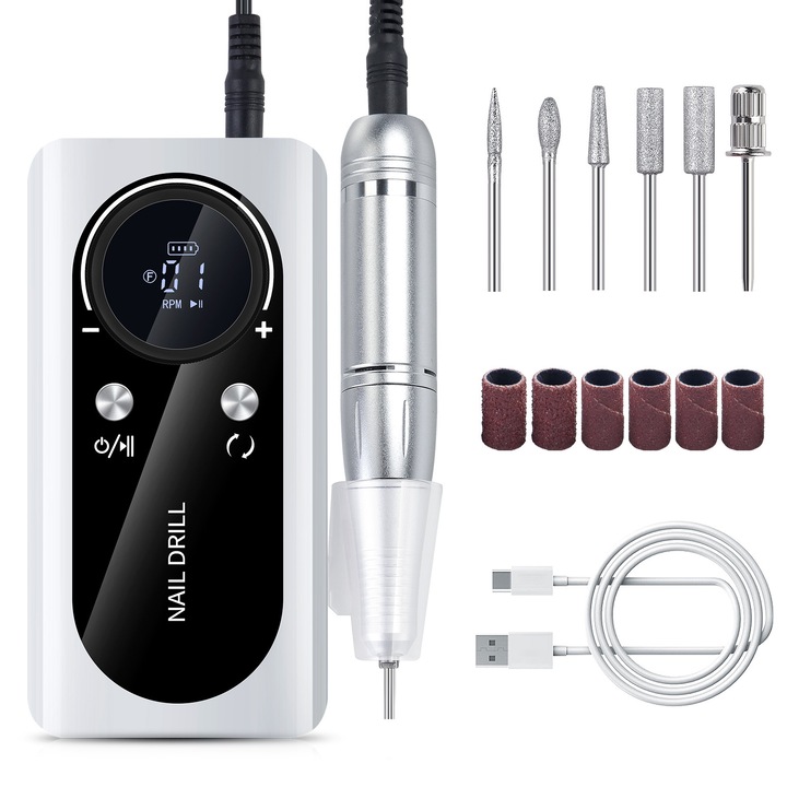 Професионална бормашина за нокти, преносима, 45000 RPM, BYONDSELF, маникюр, шлайфане, полиране, 2000 mAh, LED дисплей, посока на въртене/остатъчна мощност/скорост, с щипка за колан, бяла