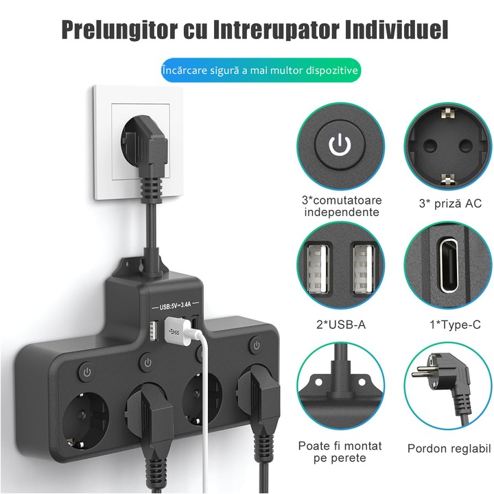 Удължител 4000 W, 4 гнезда/3 USB-A/1 USB-C, BYONDSELF®, 4 отделни превключвателя, стенен мулти-гнездо, черен