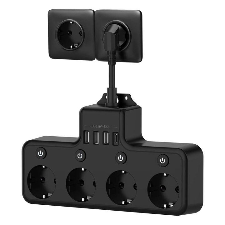 Удължител 4000 W, 4 гнезда/3 USB-A/1 USB-C, BYONDSELF®, 4 отделни превключвателя, стенен мулти-гнездо, черен