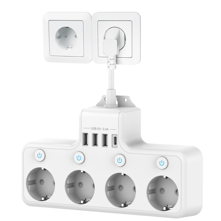 Удължител 4000W, 4 гнезда/3 USB-A/1 USB-C, BYONDSELF®, 4 отделни превключвателя, стенен мулти-гнездо, бял