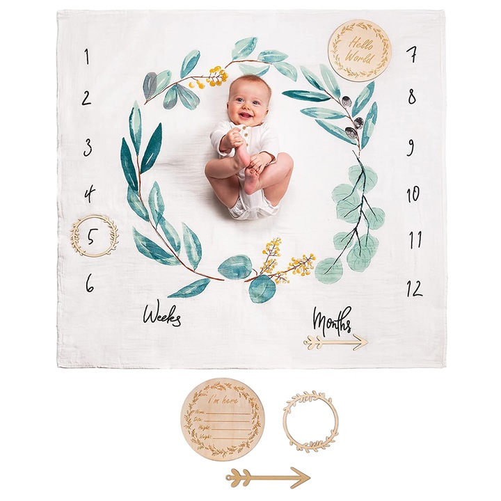 Milestone babatakaró, Axroad Mall, Puha és bolyhos, Emlékezetes fotók, A baba fejlődése és növekedése, Virágmintás, Ideális ajándék, Terhes nőknek és újszülötteknek, Poliészter szál, 120cmx120cm, Zöld