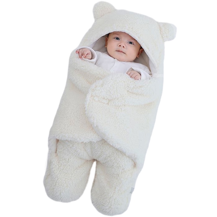 Paturica pufoasa bebe 1-3 luni, Axroad Mall, Calduroasa, Forma de ursulet, Prindere velcro, Respirabile, Textura moale, Cu gluga si urechi, Usor de curatat, Pentru infasat bebelusi, Polyester, 68cmx82cm, Alb