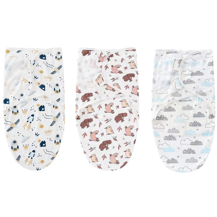 Set 3 paturica pufoasa bebe 0-6 luni, Axroad Mall, Prindere velcro, Moale si confortabila, Cu nori si modele de animale, Uscare rapida, Usor de curatat, Pentru infasat bebelusi, Din bumbac, 73cmx50cm, Multicolor