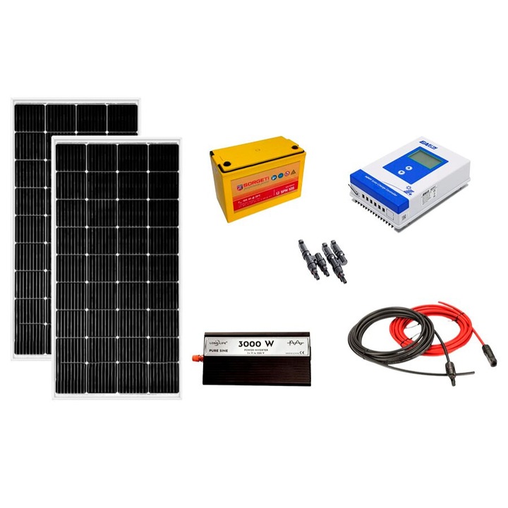 Kit fotovoltaic solar off-grid 400W cu 2 panouri de 200W, invertor sinus pur 3000W, controller MMPT 40A, baterie solara AGM 105 Ah, cabana, rulota, locuri izolate, container