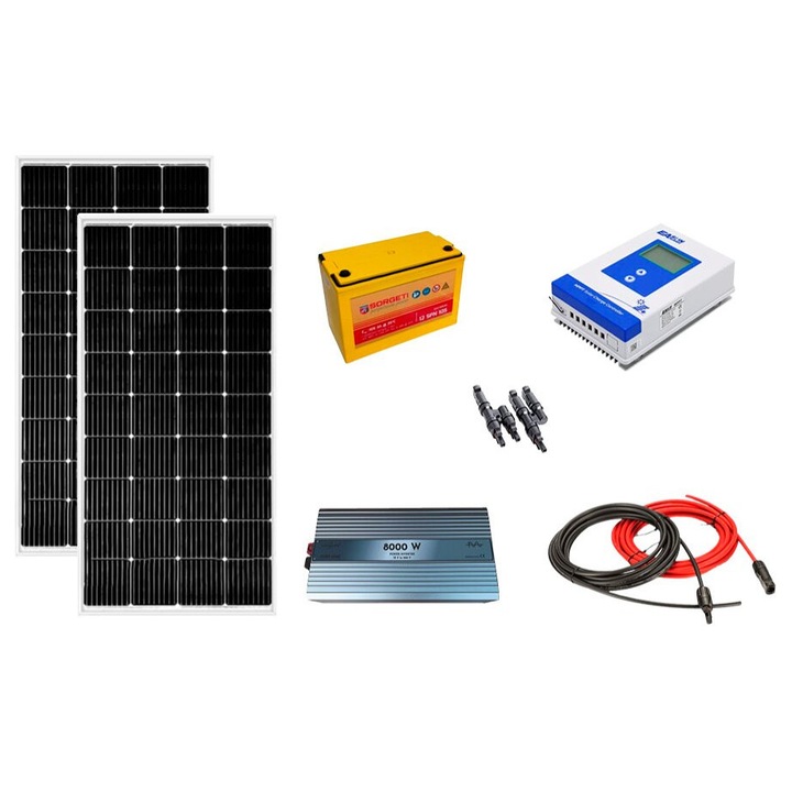 Kit fotovoltaic solar off-grid 400W cu 2 panouri de 200W, invertor sinus pur 8000W, controller MMPT 40A, baterie solara AGM, cabana, rulota, locuri izolate, container