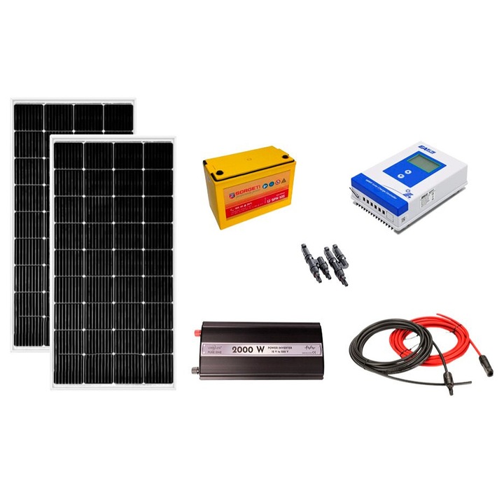 Kit fotovoltaic solar off-grid 400W cu 2 panouri de 200W, invertor sinus pur 2000W, controller MMPT 40A, baterie solara AGM 105 Ah, cabana, rulota, locuri izolate, container