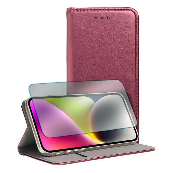 Set Folie Sticla Securizata 2.5D si Husa Flip Piele PU pentru Huawei P30 Lite, Full-Screen Protection, Instalare usoara, HD Clear, Protectie Display si Spate, Visiniu