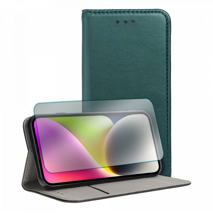 2.5D Secure Glass Film and PU Leather Flip Cover készlet Motorola Moto G13 / G23 / G53 készülékhez, teljes képernyő védelem, egyszerű telepítés, HD Clear, kijelző és hátvédelem, zöld