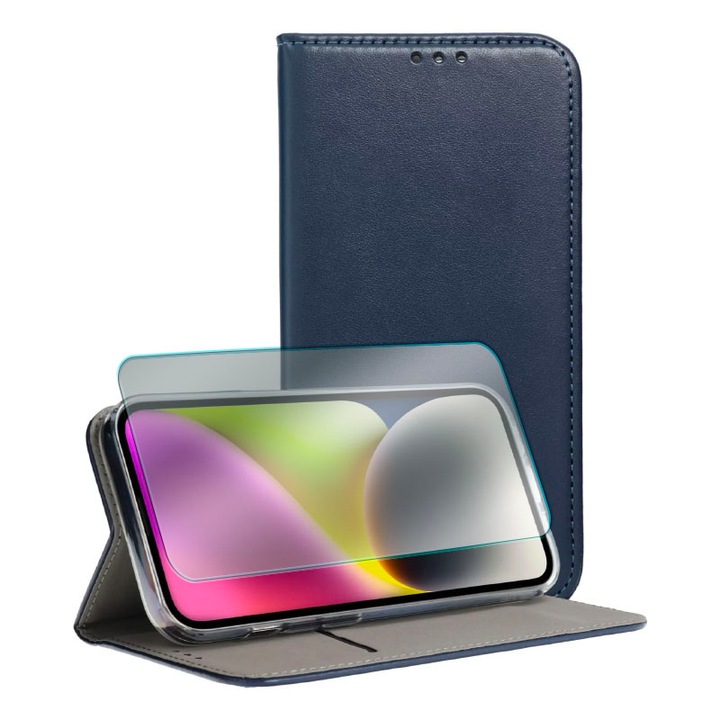 2.5D защитно стъклено фолио и капак от PU кожа за Apple iPhone 15 PRO MAX, защита на цял екран, лесна инсталация, HD Clear, защита на дисплея и гърба, син