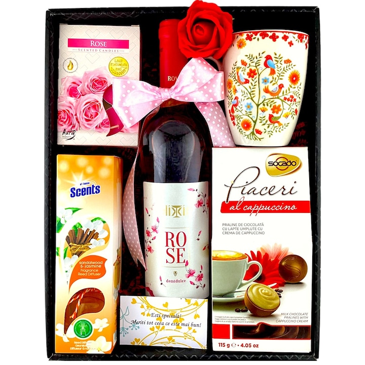 Cutie Cadou Roses and Sweets, cu vin rose, parfum de camera, praline din ciocolata, cana, lumanari parfumate, trandafir, in cutie pentru cadouri din gama premium, 7 articole
