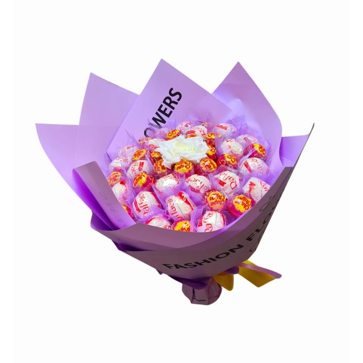 Buchet dulciuri din 20 acadele chupa chups, 20raffaello si flori si 1 trandafir din material textil